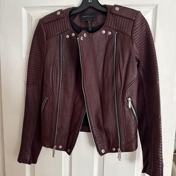 BCBG MAXAZRIA Burgundy Moto Zip Leather Jacket XXS $598 - Picture 4 of 10